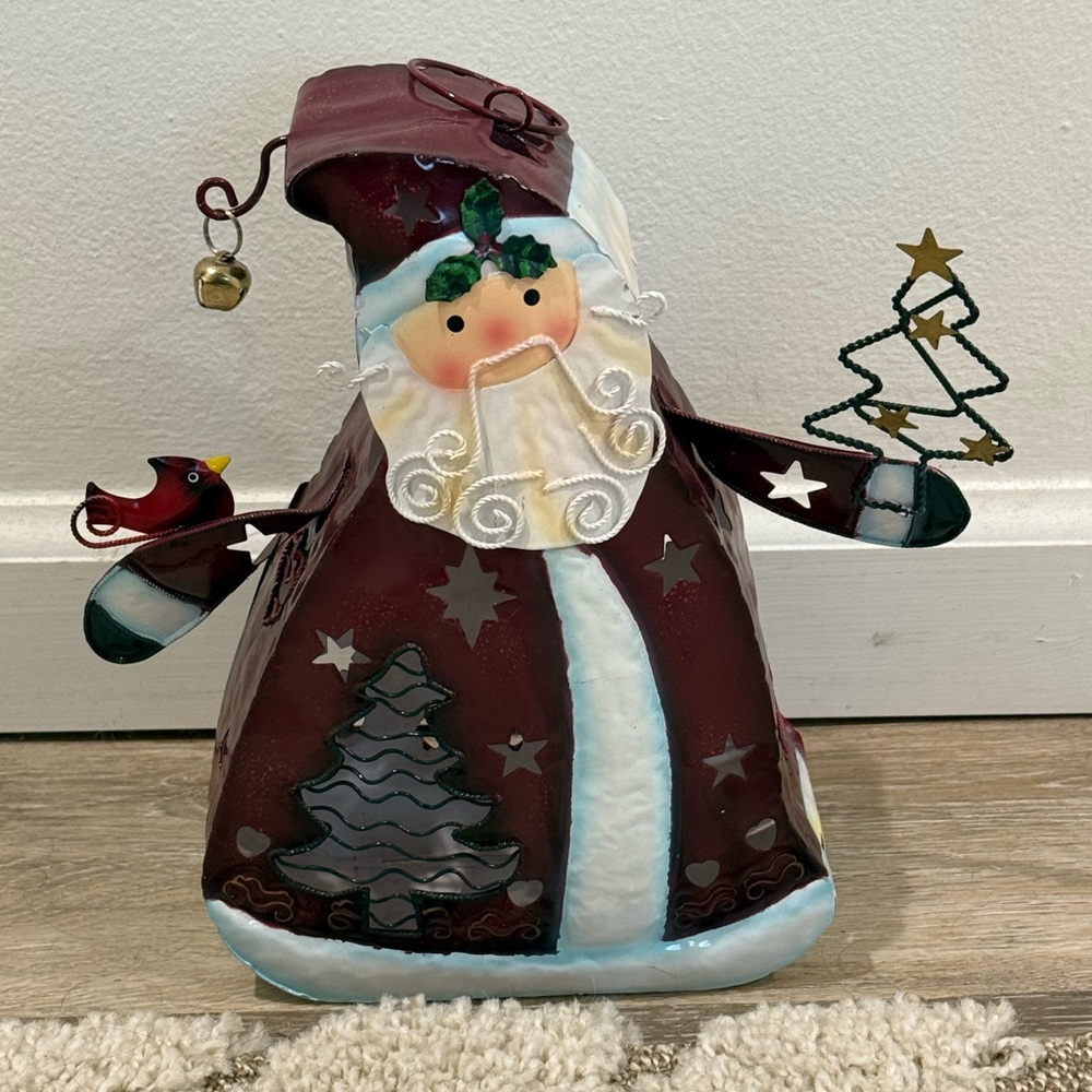 New Kohls Metal Santa Tealight Candle Holder Red Cardinal Star Cutouts